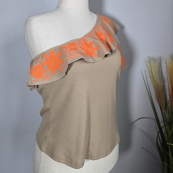 Anthropologie, New, Dolan Linen Blend Rib Knit Embroidered Ruffle Top Size XL - Picture 6 of 14